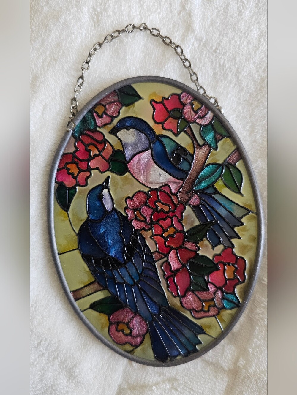 Stained Glass Blue Bird Oval Panel - Suncatcher